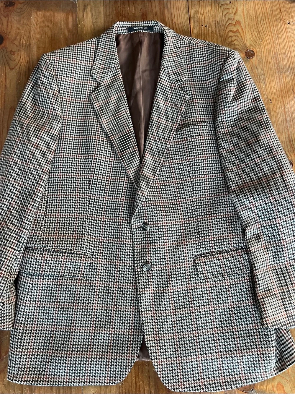 Vintage Made in UK Houndstooth Tweed Sport Coat Blazer Brown Tan Check